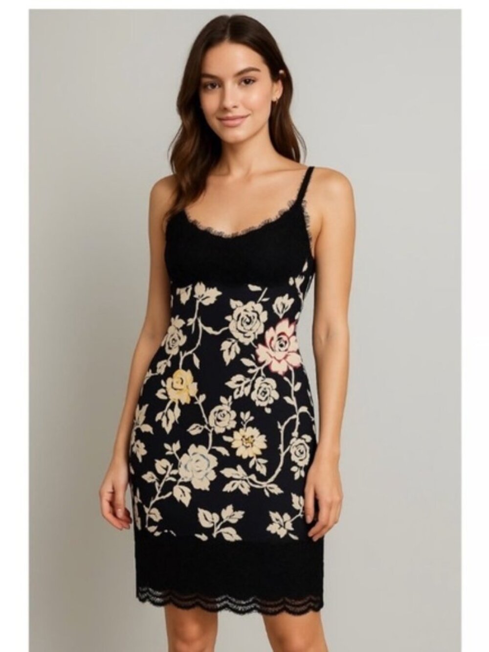 Floral Lace Trim Slip Dress - Black with Cream & Pale Yellow Roses